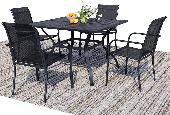5 Piece Outdoor Dining Set, Patio Table and Chairs Set of 4, 37.5" Black Square Patio Table with 4 Black Stackable Patio Chairs for Lawn, Garden, Porch