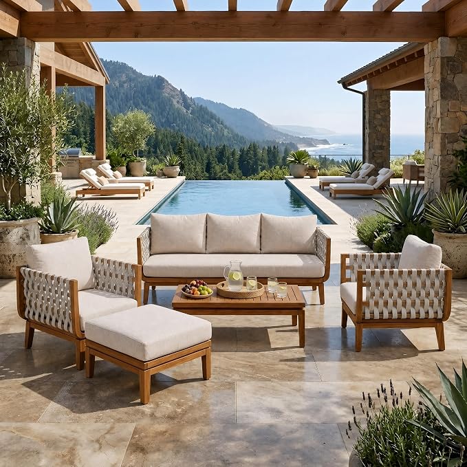 Christopher Knight Home Gwen 5 Piece Acacia Wood Patio Conversation Set with Sofa, Coffee Table, Ottoman and Club Chairs, Patio Sofa Set with Cushions, Outdoor Patio Furniture Set for 6,Teak+Beige