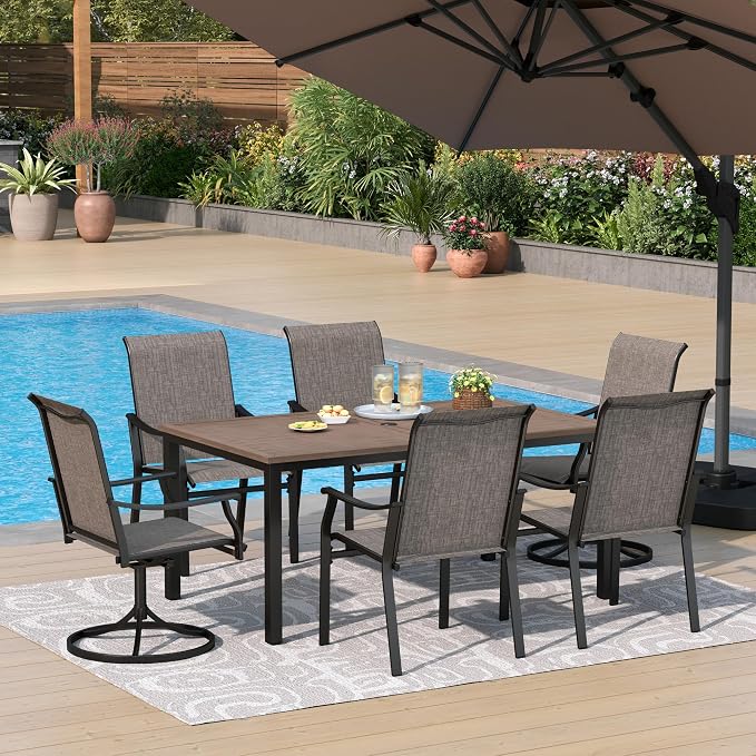 PHI VILLA 7 PCS Outdoor Dining Set,2 Swivel & 4 Stable Dining Chairs,Patio Table with Wooden Like Table Top,Sling Fabric and Durable Frame,Outdoor Dining Table and Chairs for Garden