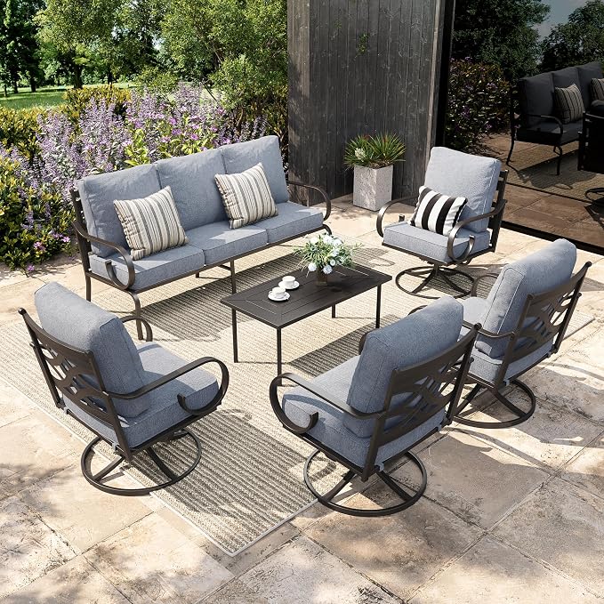 Sophia & William Patio Conversation Set for 7, 3-Seater Sofa, 4 Swivel Chairs and a Coffee Table, Metal Outdoor Furniture with 5.75" Extra Thick Cushions, Grey