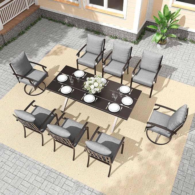 Gotland 9 Piece Outdoor Dining Set, Metal Outdoor Table and Swivel Chairs with X-Shaped Legs 1.5" Umbrella Hole, Patio Furniture Set with Waterproof Cushions, Patio Dining Sets for Backyard Deck Gray
