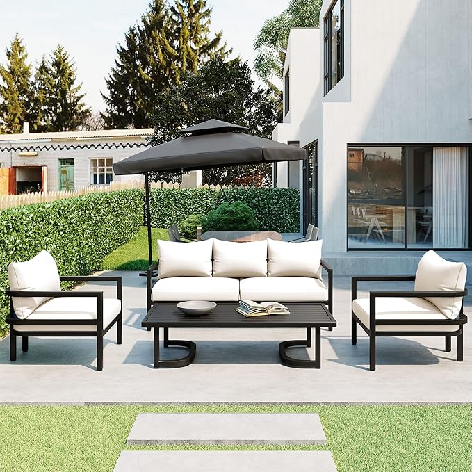 VilroCaz 4-Piece Outdoor Steel Sofa Set, All Weather Patio Conversation Set with 1 Love Sofa, 2 Single Sofas, Coffee Table, Waterproof Cushions, Suitable for Backyard, Poolside Gardens (Beige-Z)