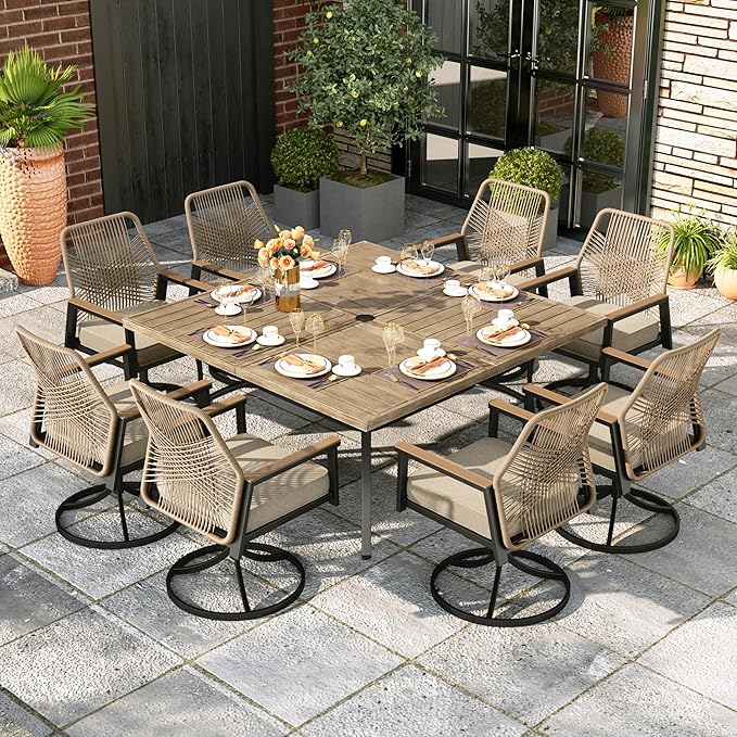 MIXPATIO 9 Pcs Outdoor Dining Set, 8 Rattan Swivel Chairs with Soft Cushion and 57.5" Square Table with Umbrella Hole, Patio Table and Chairs for Backyard Porch