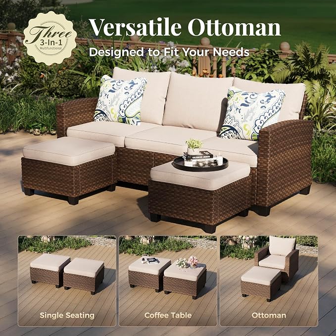 MIXPATIO Patio Furniture Set, 5 Pcs Wicker Rattan Outdoor Conversation Set, 2 x Leg Chairs, 1 x 3 Seater Sofa and 2 x Ottoman with 4" Thick Cushion, Beige
