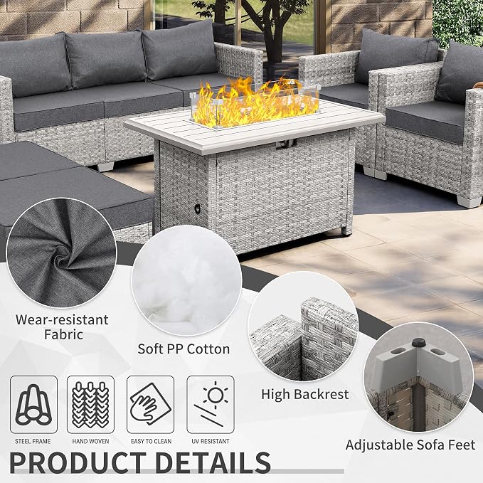 WAROOM Patio Furniture Set 6 Piece PE Rattan Outdoor Conversation Sets Grey Wicker Couch Sectional Sofa with Fire Pit Table and Grey Cushion