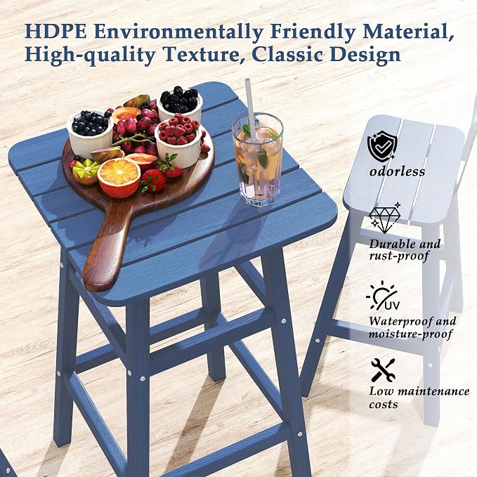 3-Piece Outdoor Counter Height Bar Table Set, 42" Pub & Bistro Table with 2 Stools, HDPE Weather Resistant for Patio/Backyard/Garden/Poolside, Navy Blue