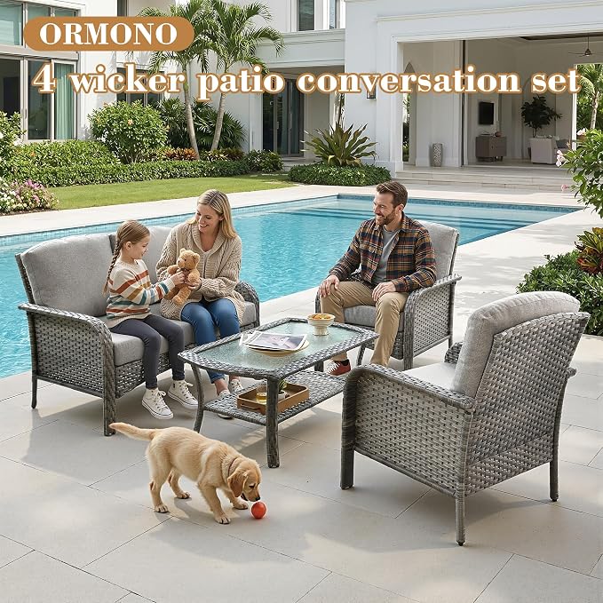 4 Pieces Patio Furniture Set, Small Outdoor Patio Set with Coffee Table, All-Weather Rattan Wicker High Back Conversation Set Loveseat with Chairs for Porch, Backyard, Balcony, Dark Grey