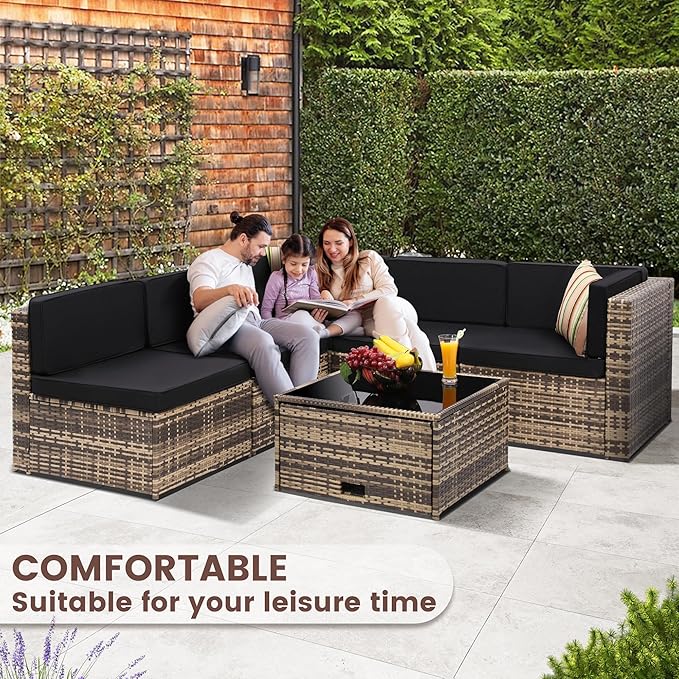 KROFEM 8 Piece Patio Furniture Set, Outdoor Modular Conversation Set, Black | UV Treated Wickers, Machine Washable Cushions, Seats 6, 2 Hidden Storage Compartments, Rustproof Frame, Waterproof
