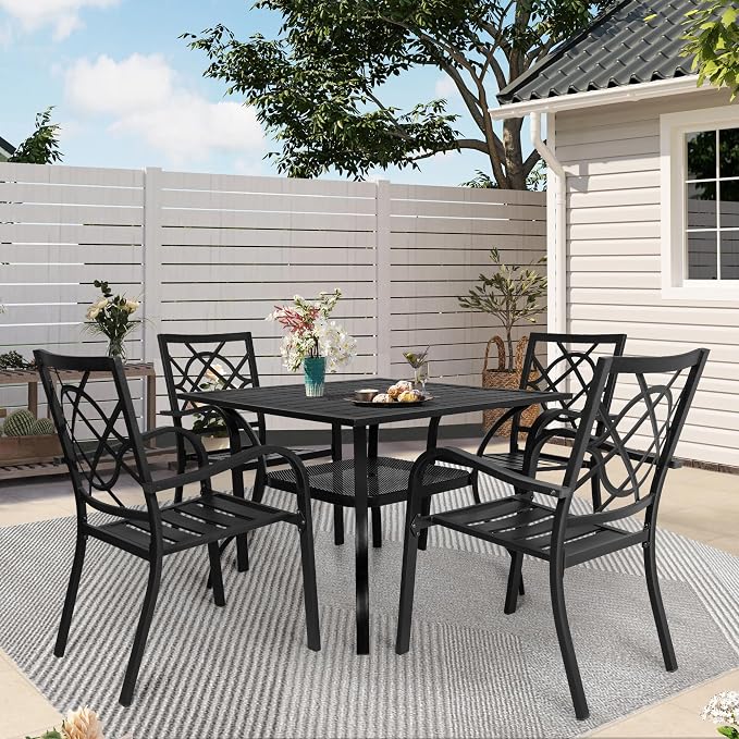 Incbruce 5 Piece Outdoor Dining Set, Wrought Iron Patio Dining Set with 4 Chairs and 1 Square Table (1.57" Umbrella Hole) for Garden, Backyard