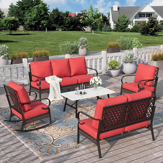 HERA'S HOUSE 5 Piece Metal Patio Furniture Set, 7 Seats All Weather Outdoor Conversation Set, 3 Seat Sofa with Loveseat, 2 Rocking Chairs, Coffee Table for Backyard, Garden, Deck, Red