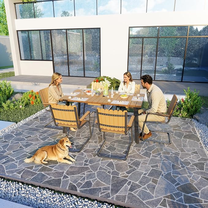 7 Pieces Outdoor Dining Set for 6, Patio Table and Chairs Set with Umbrella Hole, All-Weather HDPE Outdoor Furniture Sets for Backyard Poolside Lawn Garden (Gray & Teak)