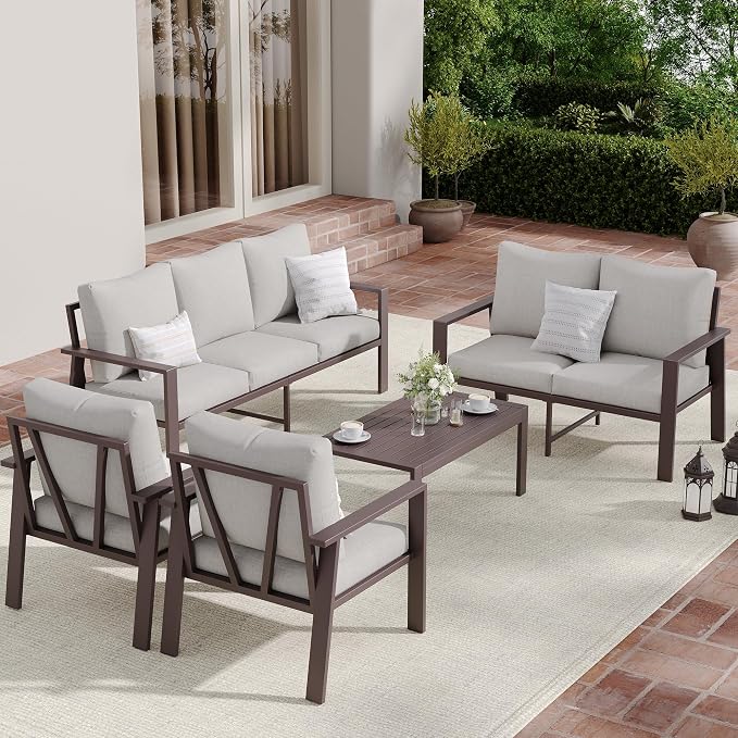 5-Piece Aluminum Patio Conversation Sets All-Weather Outdoor Furniture Sectional Sofa Modular Patio Set with 4'' Cushion Removable Covers for Porch Poolside Deck Balcony Yard