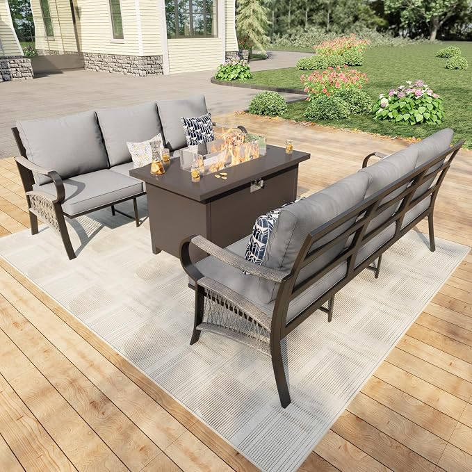 3 Pieces Patio Conversation Sets, All Weather Metal Outdoor Furniture Set 2 Three-Seater Sofas with Fire Pit Table for Backyard Garden Deck Porch Poolside, Gray