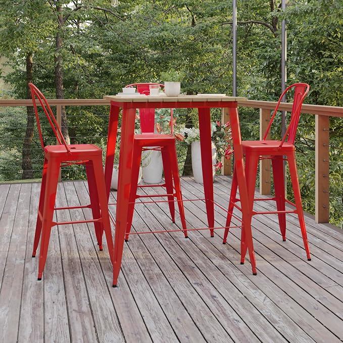 BizChair Commercial Outdoor Dining Table Bar Height, All Weather Poly Resin Top with Steel Base, 31.5" Square, Brown/Red