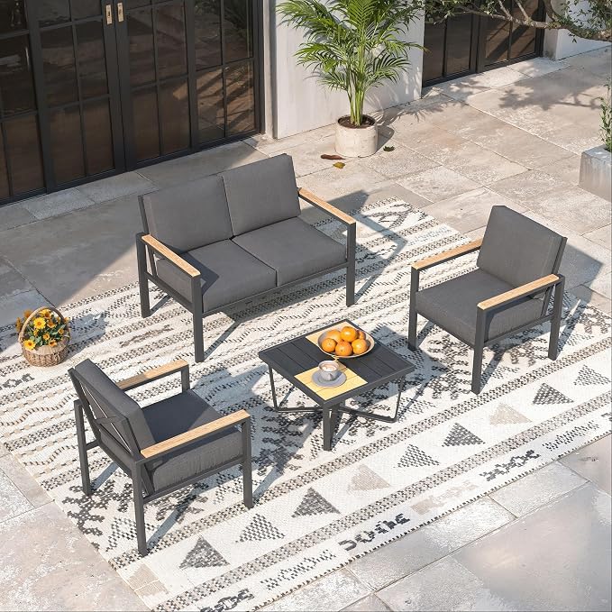 4-Piece Patio Furniture Set with Coffee Table & Removable Washable Cushions, All-Weather Metal Frame and Wood-Like Armrests for Porch, Garden, Balcony,Black