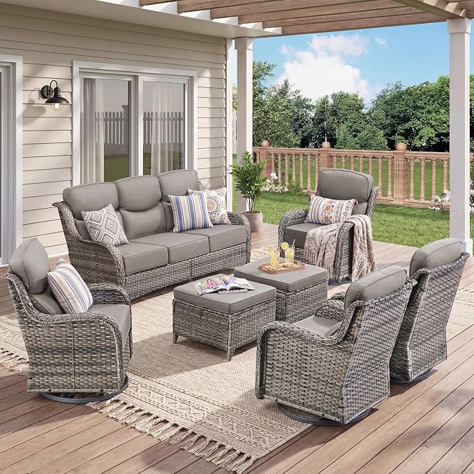 Luxury 7 Pieces Outdoor Patio Furniture Set-All Weather Wicker Outdoor Furniture with Swivel Rocker Patio Chairs 6-inch Extra Thick Cushions Wicker Conversation Set for Garden Porch(Grey/Grey)