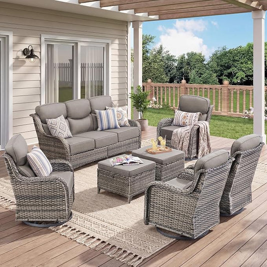 Luxury 7 Pieces Outdoor Patio Furniture Set-All Weather Wicker Outdoor Furniture with Swivel Rocker Patio Chairs 6-inch Extra Thick Cushions Wicker Conversation Set for Garden Porch(Grey/Grey)