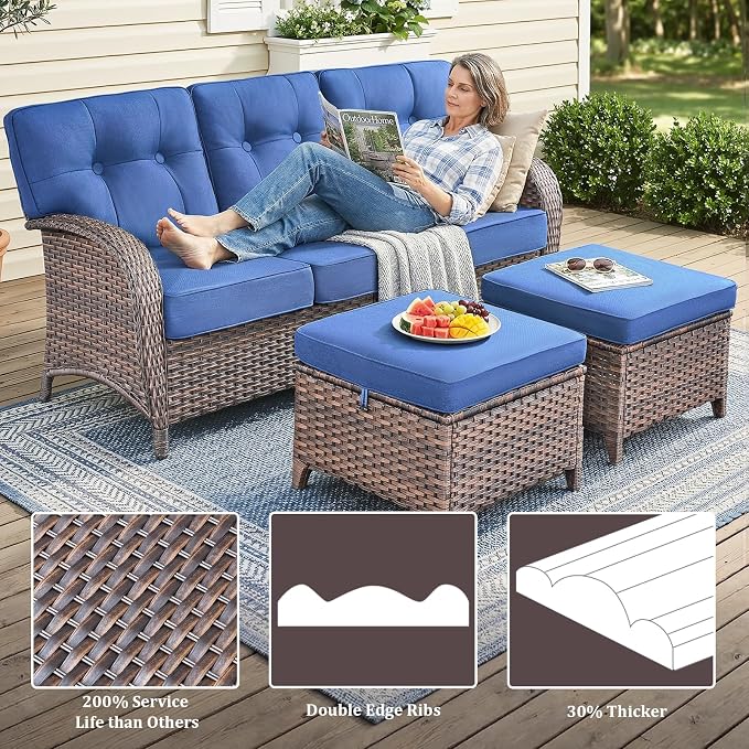10-Piece Wicker Patio Furniture Set with 5-Inch Thick Cushions Weather Resistant Rattan High Back Swivel Rocker Chairs Senior Friendly Conversation Set for Small Porch Deck Sunroom Brown/Blue