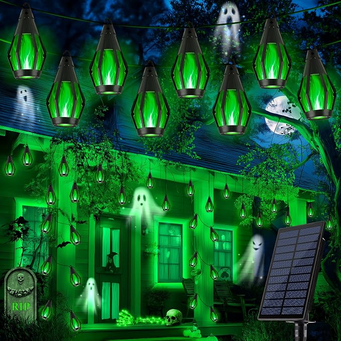 iBaycon 27FT 10 LED Solar Flame Halloween String Lights Outdoor, Green | Ultra-Real Flickering Flame Lamp Outdoor Waterproof, Solar Patio String Lights for Garden Yard Lawn Halloween Decorations