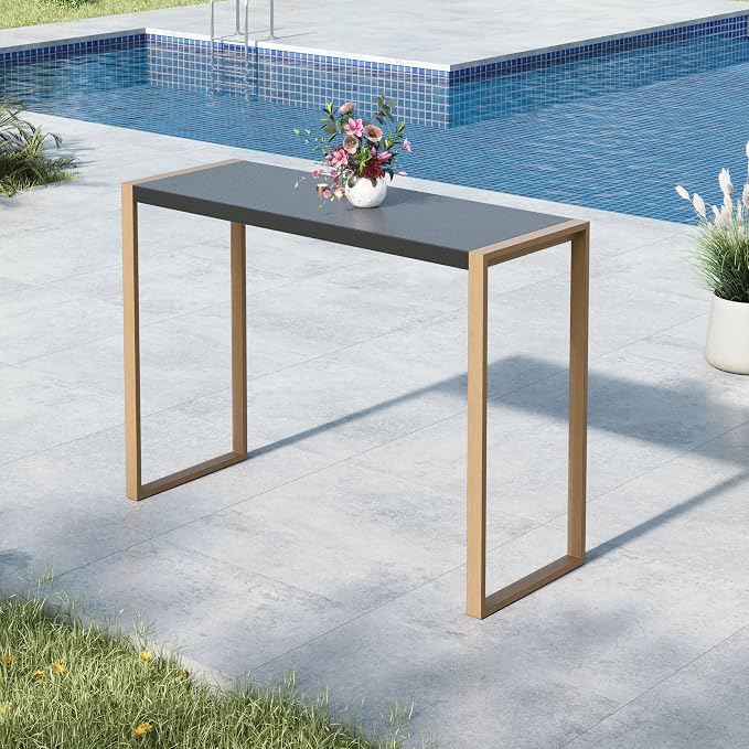 MFSTUDIO Outdoor Patio Bar Table, Bar Height Outdoor Table, 40" H High Top Patio Table with Stone Texture Top & Adjustable Non-Scratch Feet for Backyard, Garden, Patio Dining