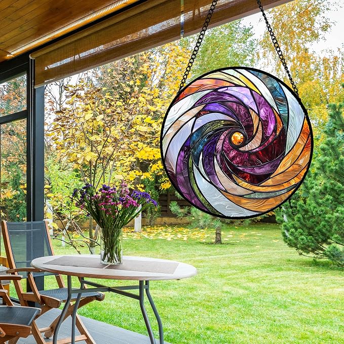 DASTOLL Stained Glass Window Hanging, Colorful Abstract Spiral Pattern Suncatcher for Doors Window Home Sun Catchers Decoration Mother's Day Birthday Gifts for Women, Men, and Mom 11.8 in