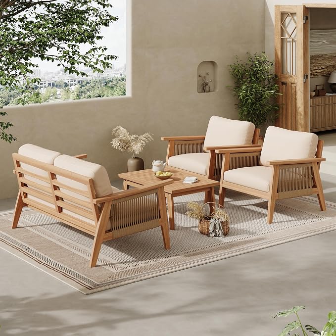 VilroCaz Outdoor 4-Piece Acacia Wood and Rope Sectional Patio Sofa Set, All-Weather Conversation Set with Coffee Table and Water-Repellent Cushions for Garden Backyard Balcony