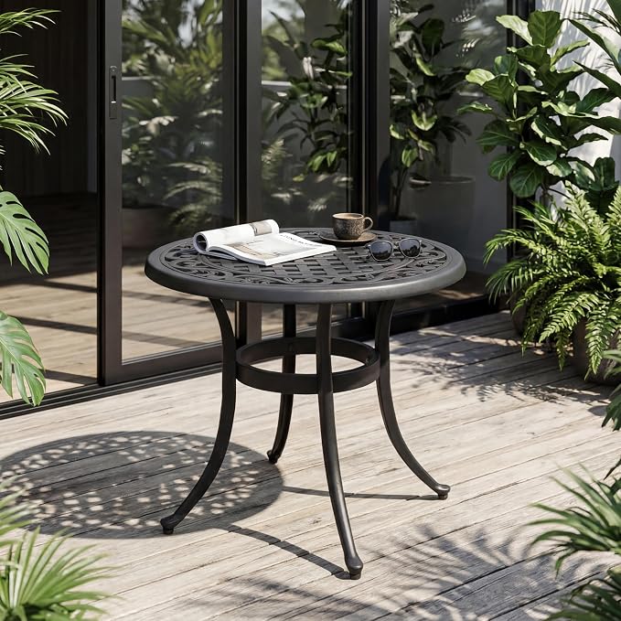 24" Cast Aluminum Side Table Outdoor End Table All Weather Patio Round Table Small Bistro Table for Garden,Balcony,Pool,Black