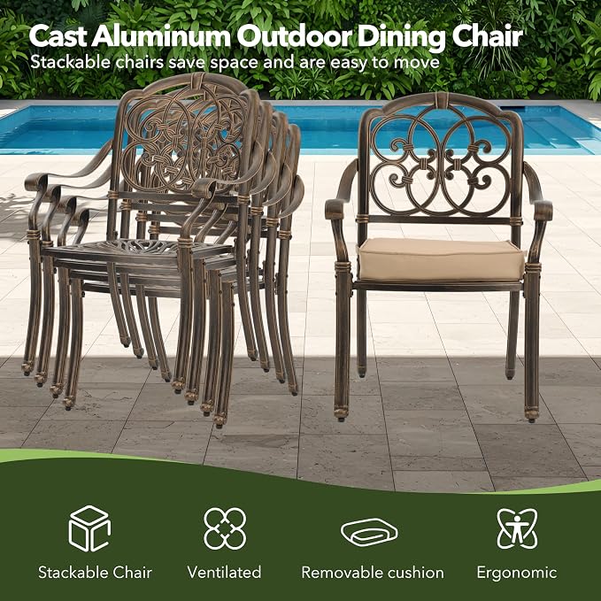 7-Piece Cast Aluminum Outdoor Table and Chairs, Classic Vintage Patio Dining Set for 6 Include 54.5" Round Dining Table and 6 Chairs with Removable Cushion and Umbrella Hole