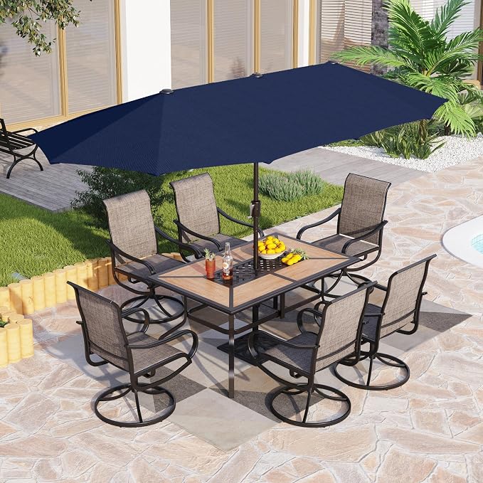 PHI VILLA 8 Pc Outdoor Dining Set with 13ft Umbrella, Swivel Mesh Chairs | 60'' wood-look rectangular table, 6 brown patio textilene chairs and 13ft navy blue umbrella(NO BASE) for deck, garden, yard