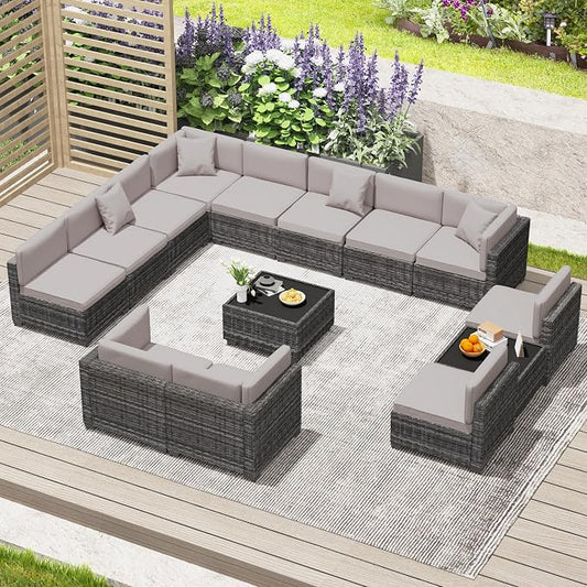KIGOTY Patio Furniture Set,14 Pieces Modular Outdoor Sectional Sofa, PE Rattan Patio Conversation Set, All Weather Wicker Patio Furniture with Cushions and Coffee Table（Light Grey/Light Grey）
