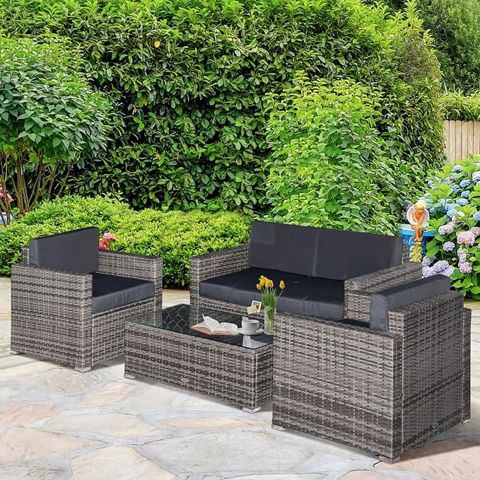 Outsunny 4 Piece Wicker Patio Furniture Set with Cushions, Outdoor Sectional Furniture with 2 Sofa, Loveseat, and Glass Top Coffee Table, Conversation Sofa Sets for Garden, Black