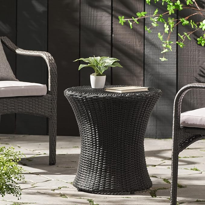 Outdoor Wicker Side Table, Lightweight & Water-Resistant All-Weather, Small Rattan End Table Hourglass Shape Wicker Patio Table, for Patio Porch Living Room, Black