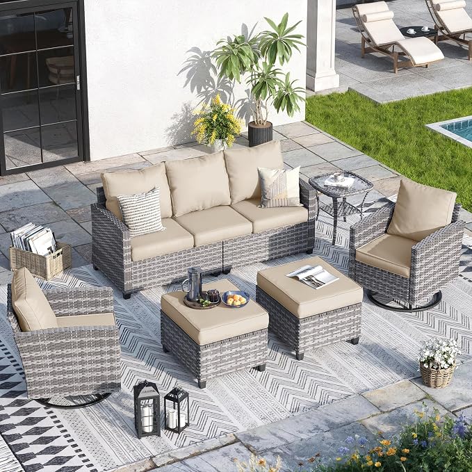 Patio Furniture Set, 6 Pcs Patio Outdoor Sectional, Wicker Outdoor Couch with Swivel Chair, Ottomans, Side Table, 4" Thick Cushion, for Garden Backyard Deck,Khaki