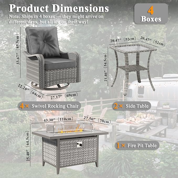7 Piece Wicker Patio Furniture Set with 55,000 BTU Fire Pit Table, Swivel Rocking Chairs, 4''Cushions, PE Rattan, Wind Guard Glass, for Backyard, Deck or Balcony, Black