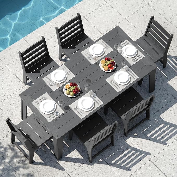 HDPE Outdoor Dining Table & Chairs Set for 6 Person, Black(7-Piece) | Weather-Resistant Patio Furniture Set with Metal Support Bars and Umbrella Hole Cut-Out for Poolside Garden Backyard Deck