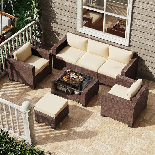 KIGOTY Patio Furniture Set 7 PCS Patio Conversation Sets, All-Weather PE Rattan Outdoor Sectional Sofa with Cushion and 2- Tier Glass Coffee Table（Brown/Beige）