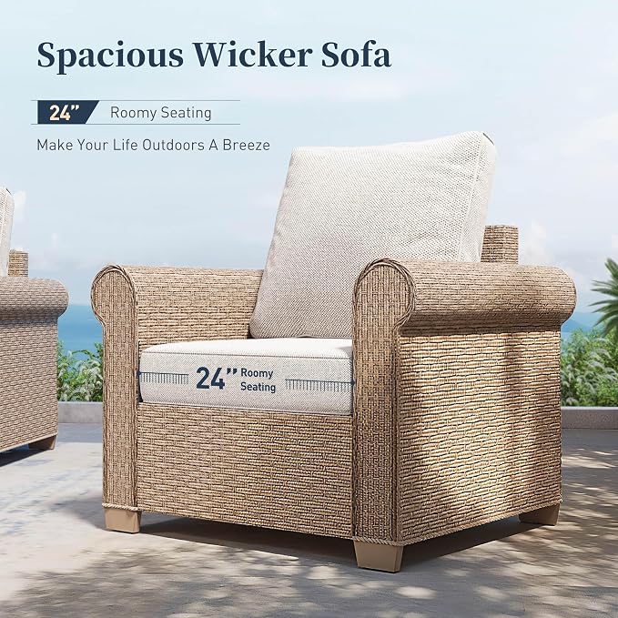 SUNSHINE VALLEY Patio Furniture Set, Wicker Outdoor Furniture Set with 5.5" Thick Cushions, 2 Chairs, 2 Ottomans and Fire Pit Table, 6 Pieces Patio Conversation Set for Backyard Deck, Beige