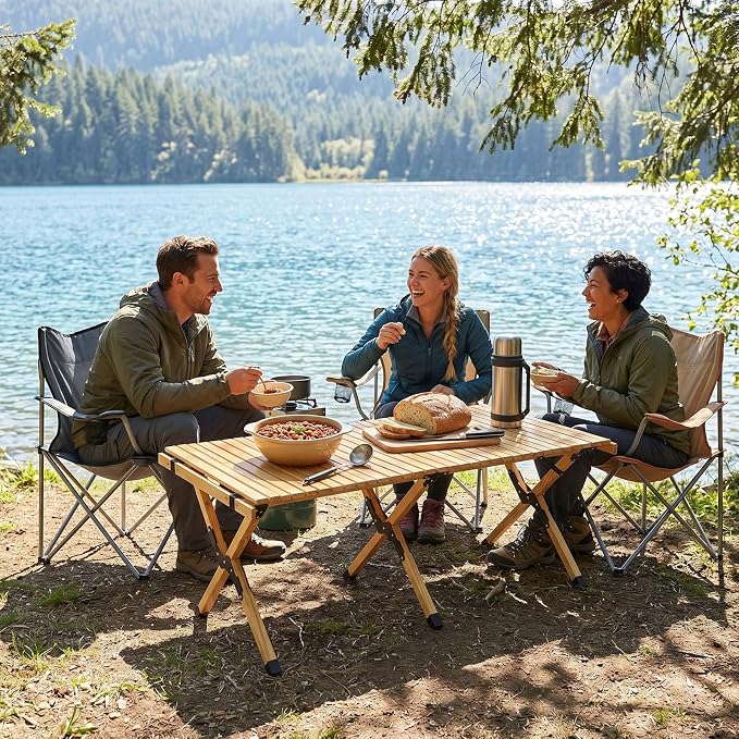 COSTWAY Folding Picnic Table, Portable 4ft Roll Up Camping Table with Storage Bag, for 4-6 People, Low Height Foldable Pine Wood Bench Table, for Indoor & Outdoor Party, BBQ & Hiking