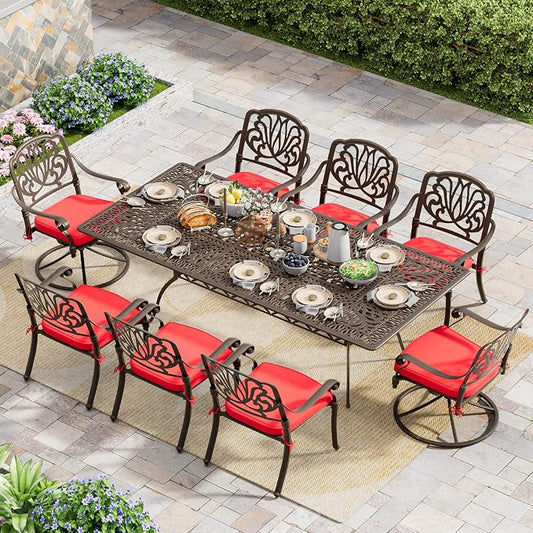 Grepatio 9 Piece Cast Aluminum Outdoor Dining Set, Patio Furniture Set with 2“ Umbrella Hole and 6 Chair & 2 Swivel Chairs with Cushions, Dining Furniture Set for Porch Poolside Garden (Red)