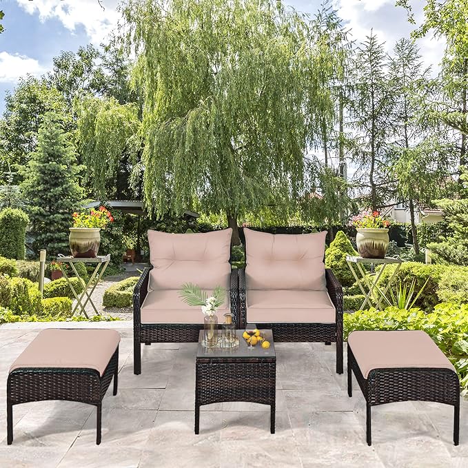 DORTALA 5 Pieces Patio Furniture Set, Outdoor Rattan Conversation Set with Cushions, Glass Table, Ottomans & Chairs, Wicker Sofa Set Backyard Porch Garden Balcony, Beige