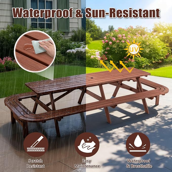 16 Person Wood Picnic Table with Attached Benches & Umbrella Hole,Rectangle Brown Outdoor Wooden Dining Table & Chairs for Patio Yard Garden Porch Deck