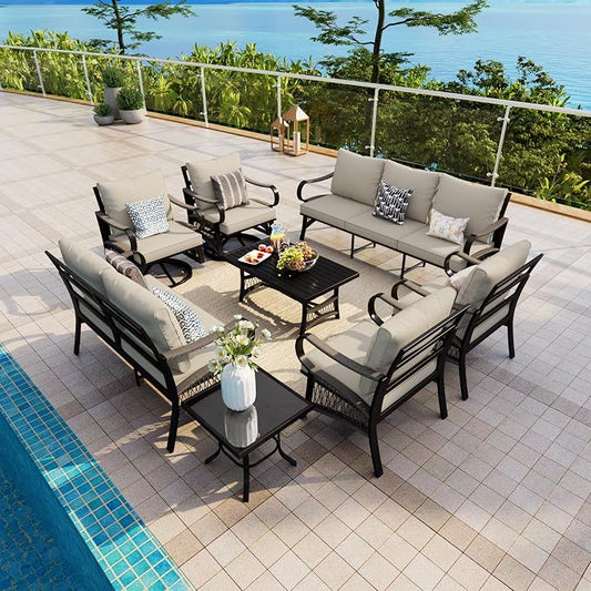 8 Pieces Patio Conversation Sets, All Weather Metal Outdoor Furniture Set with Swivel Rocking Chairs Set, Outdoor Furniture Set with Sectional Sofa Couch Loveseat (Beige Cushions)