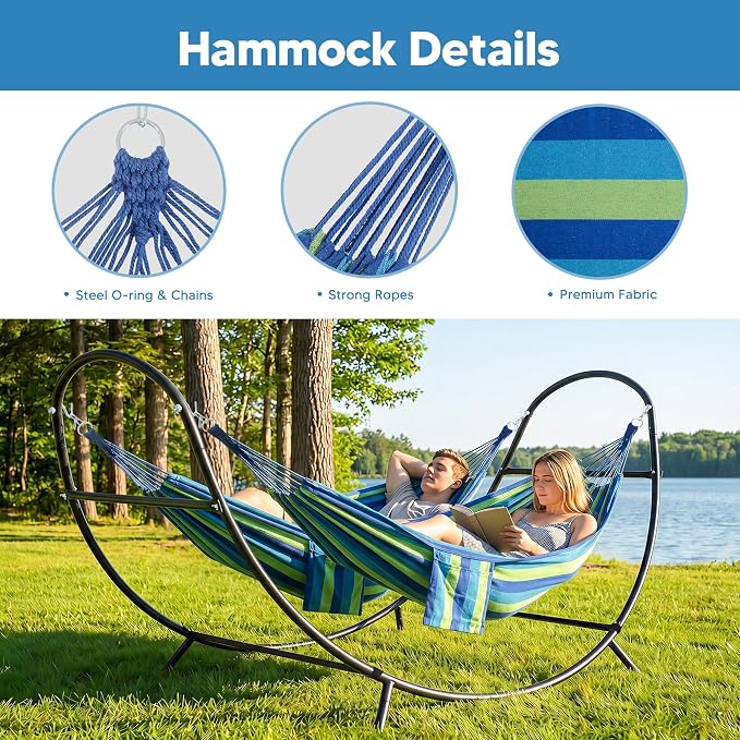SUNCREAT Portable Outdoor Hammock with Stand, Double Hammocks with Stand for Outside, Patent Pending, Blue & Green