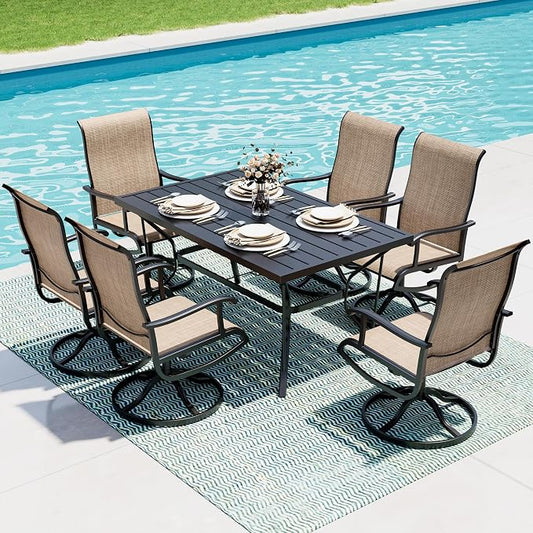7-Piece Outdoor Dining Set, Patio Furniture Set with Textilene Swivel Chairs, Outdoor Table & 6 Chairs for Garden, Backyard, Poolside, Deck, Beige