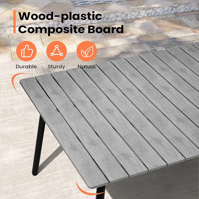 Pellebant 95" Patio Outdoor Dining Table for 8-10, Weather-Resistant Aluminum Frame with Wood-Grain Top & Umbrella Hole for Deck Gatherings, Grey