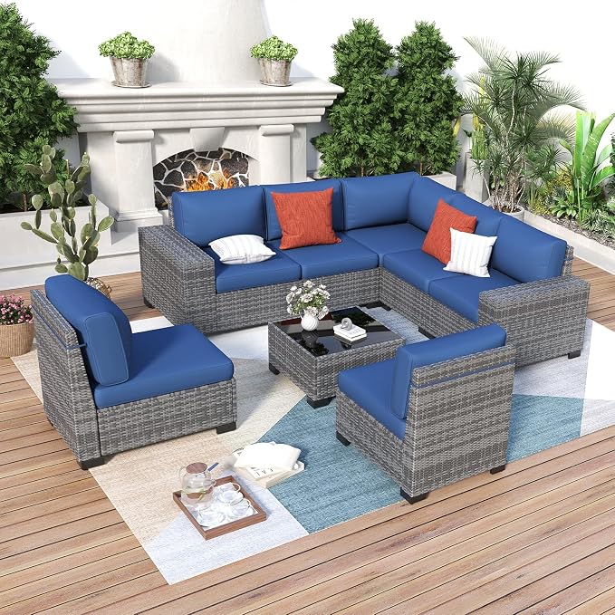 Outdoor Patio Furniture Set, 8‘’ Wide armrest Outdoor Sectional Rattan Sofa Set, Wicker Patio Furniture Sets w/Coffee Table,Thick Cushions and Cover for Porch, Balcony,8 PCS(Grey&Navy)