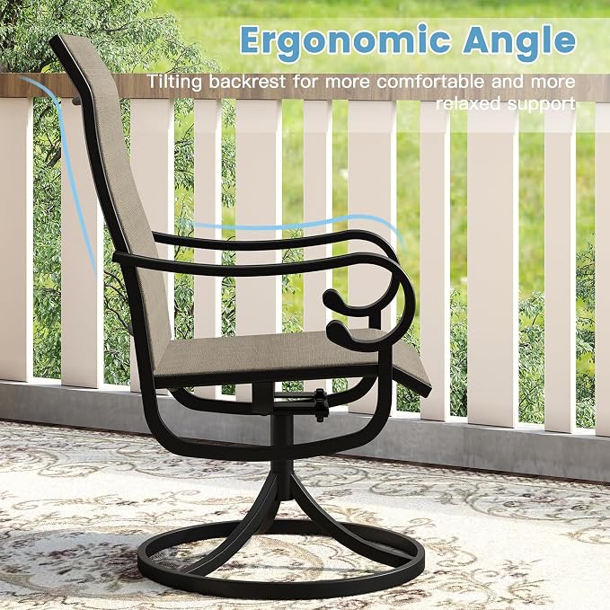 DIFY 5 Pieces Outdoor Dining Set for 4, Outdoor Furniture Set of 4 Brown Textilene Swivel Patio Chairs, 47.2" Walnut Round Metal Dining Table Set with Umbrella Hole, for Garden Deck Backyard