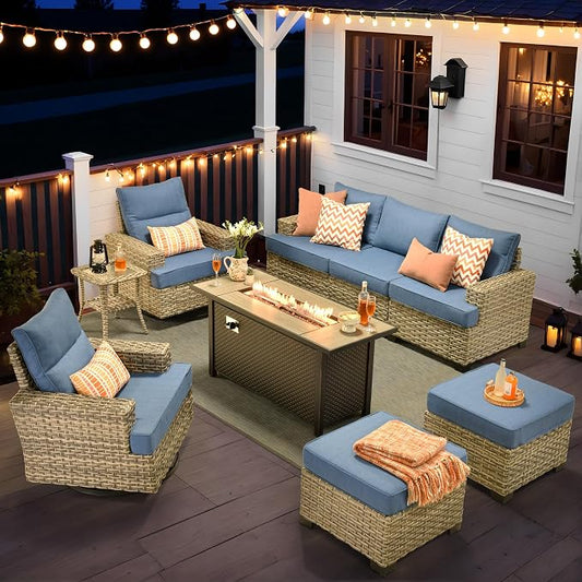 9 Pcs Outdoor Sectional Patio Furniture Set with Fire Pit Table and Swivel Rocking Chairs - All Weather Wicker Modular Outside Sectional Couch,Patio Seating Outdoor Conversation Sets,Blue