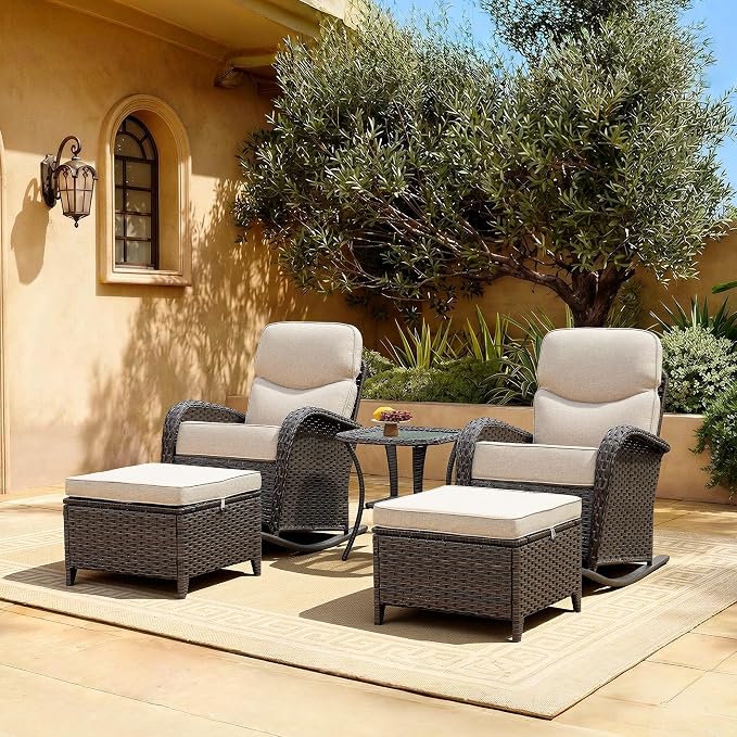 Luxury Patio Furniture Set with 6" Thick Cushions, High Back Outdoor Rocking Chairs and Ottomans, 5 Pieces All Weather Conversation Set for Porch Deck Poolside Yard (Beige)
