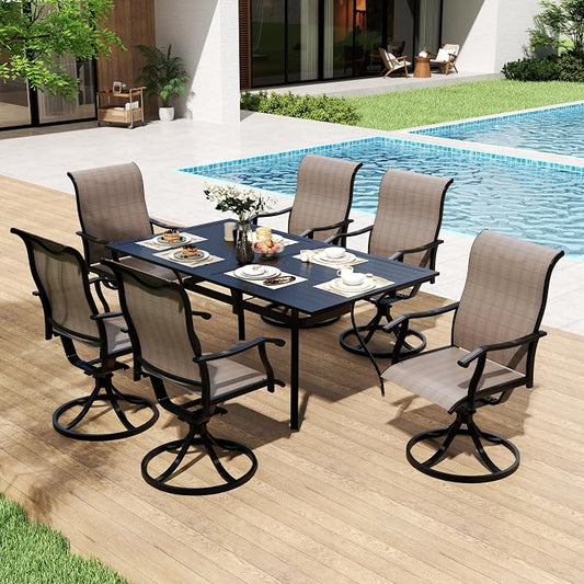 LVUYOYO 7-Piece Outdoor Patio Dining Set, Textilene Swivel Chairs & Rectangular Table Set, All-Weather Table and Chairs Set with Umbrella Hole for Backyard, Garden,Balcony,Porch (Brown)